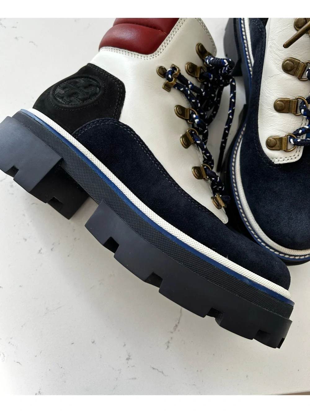 NWOB Tory Burch Miller lug boots color block leather suede size 6.5